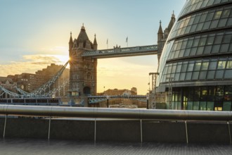 Tower Bridge and City Hall at sunrise, Southwark, London, England, Great Britain