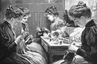 Four young woman sewing at a table, Housework, Historical, digitally restored reproduction from a