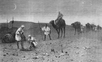 Nocturnal caravan through the Sahara reaches a waterhole, camels, rider, well, crescent moon,