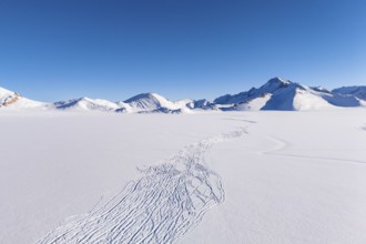 Winter landscape of the Pamir plateau, animal tracks, Jarty Gumbez, Gorno-Badakhshan province,