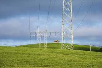 Powerlines of local hydroelectric power station dominate the landscape, rural meadows, Roßhaupten,