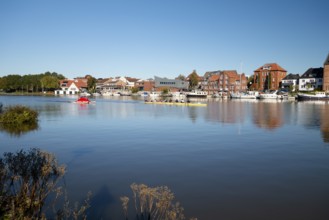 Leisure harbour, moorings, motorboats, Leer, East Frisia, Germany, Europe
