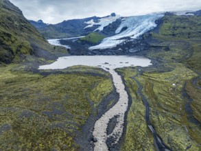 Aerial view of glacier Falljökull, a glacier tongue of Vatnajökull glacier, glacial lake, Iceland,