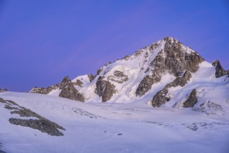 High alpine mountain landscape at sunset, Glacier du Tour, glacier and mountain peak, summit of the