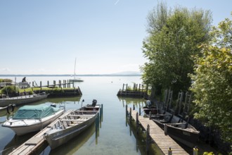 Jetty on the eastern shore of Fraueninsel, Chiemsee, Bavaria, Germany, Europe