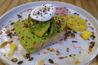 Avocado bread with egg, Breakfast, Food, Barcelona, Catalonia, Spain, Europe