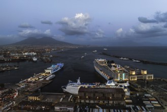 Naples Ferry Terminal at night from a drone, Molo Immacolatella Vecchia, Naples, Campania, Italy,