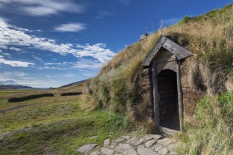 Traditional turf house with wooden door and grass roof in the sunshine, replica of a Viking