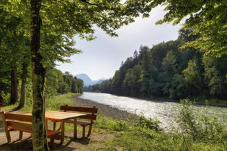 River landscape with picnic area on the Saalachtal cycle path, Saalach, Piding, Germany, Europe