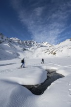 Small stream in a snow-covered mountain landscape, ski tourers in a valley, ascent to the