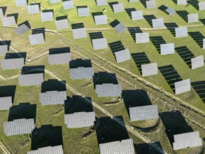 Rows of solar panels at a photovoltaic plant near town of Espejo. Aerial view. Drone shot. Córdoba