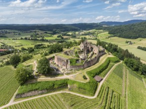 Aerial view of the ruins of Hochburg Castle, also known as Hachberg, 11th century, between