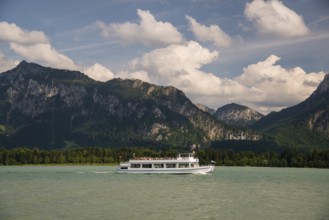 Passenger ship MS Allgaeu, Forggensee near Fuessen, behind it the Tegelberg and Neuschwanstein