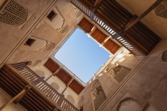 Inner courtyard of the Jabrin palace fortress, view upwards, Jabrin, near the town of Bahla,