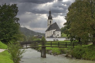 Parish church of St Sebastian, bridge, stream, rainy weather, Ramsauer Ache, Ramsau,