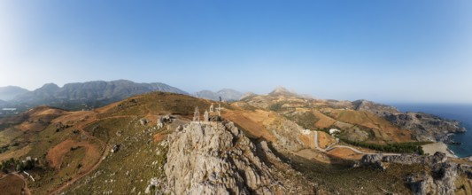 Drone image, Holy Church of Agios Paision near Plakias, south coast, Crete, Greece, Europe