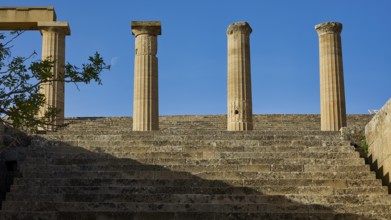 Acropolis of Lindos, morning light, Propylaea with open staircase, Lindos, Rhodes, Dodecanese,
