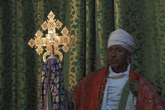 Lalibela, eastern group of rock-hewn churches, priest in the Bet Emmanuel, Emmanuel church,