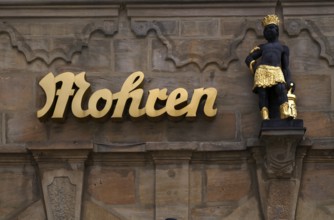 Lettering Mohren, Mohren house, figure, statue, shop for luxury goods, fruit market, Bamberg, Upper