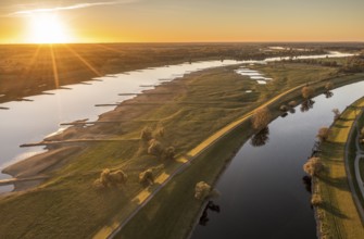 Aerial view of channel Gnevsdorfer Vorfluter and river Elbe at sunset, between Wittenberge and