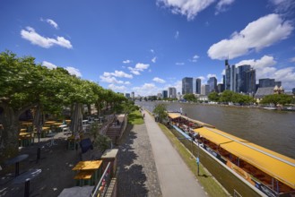 Riverside promenade on the Main with high-rise buildings in Frankfurt am Main, district-free city,