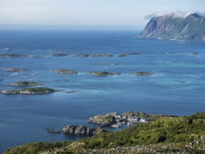 View from Mt. Sukkertoppen over coast at Hamn i Senja, marina of Hamn i Senja, Senja island,