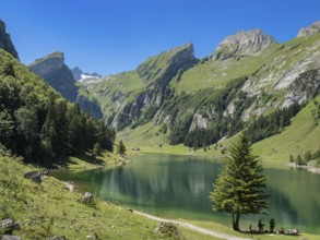 Lake Seealpsee, Alpstein mountain range near Wasserauen, peak of Mt. Säntis in the back, Appenzell,