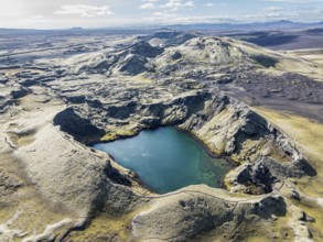 Lake in Tjarnargigur crater, moss-covered Laki crater or Lakagígar, series of craters, aerial view,