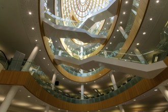 Soaring modern elliptical atrium in the Central Library building, city of Liverpool, England, UK