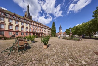 Erbach Castle, outdoor area with tables and chairs, flower pots, trees, monument to Count Franz,