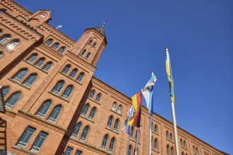 New Town Hall, Brick architecture, Architectural style neo-Gothic, Flagpoles, Israeli flag, German