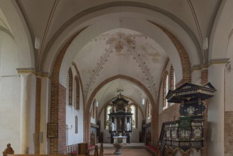 Interior of St Mary's Church, Brick Gothic, at the back the 18th century Baroque altar, on the