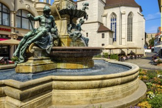 Old Anger Fountain and St Wigbert's Church on the Anger in Erfurt, Thuringia, Germany, Europe