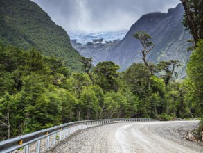 Road Carretera Austral south of Puyuhuapi, glacier above rain forest, Patagonia, Chile, South
