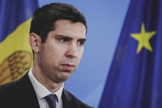 Mihai Popsoi, Foreign Minister of Moldova, photographed during a press conference with the German