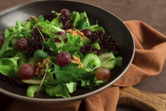 Fresh salad, waldorf, celery stalk, with apple and walnut, grapes, herbs, homemade, no people