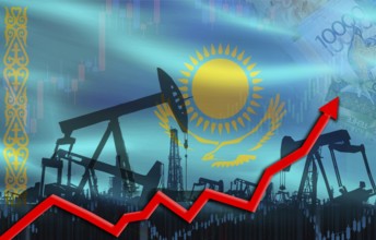 Oil production with Kazakhstan flag, petrol industry. Oil pumps with Kazakhstan flag