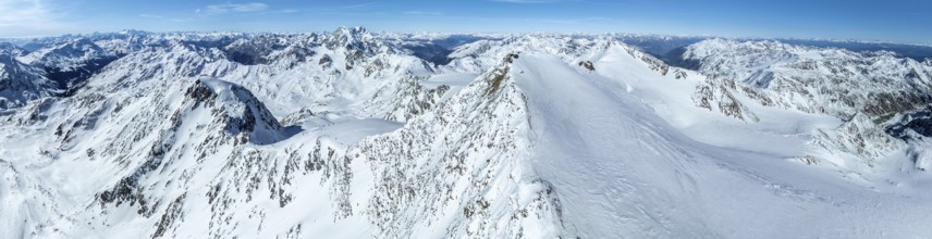 Cevedale summit, Alpine panorama, Aerial view, Snow-covered mountain landscape, Ortler group,