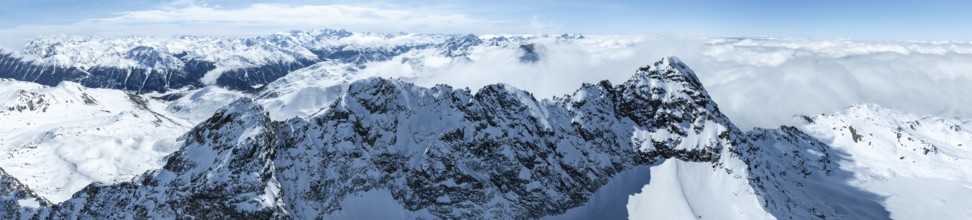 Alpine panorama, aerial view, mountain peak Piz Kesch and glacier Vadret da Porchabella, Albula