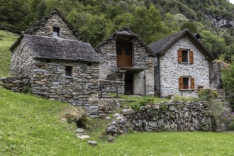 Typical Ticino stone houses in the village of Sonogno, Verzasca Valley, Valle Verzasca, Canton