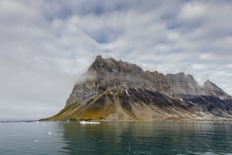 Gnalberget, mountain with steep sea cliffs in Hornsund fjord at Gnålodden in summer, Svalbard,