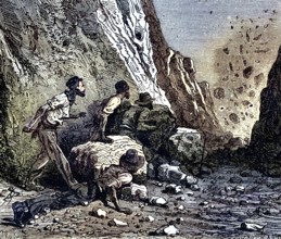 Miners using dynamite for blasting. Wood engraving, Paris, 1879, Historic, digitally restored