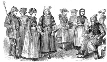 Folk costumes in Schleswig-Holstein, Germany, in 1880, Historical, digital reproduction of an