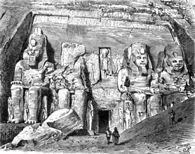 Entrance to the rock temple of Abu Simbel in Egypt, in 1870, historical, digital reproduction of an