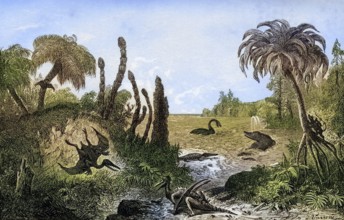 Jurassic landscape. Print from the 1870s, Historic, digitally restored reproduction from a 19th