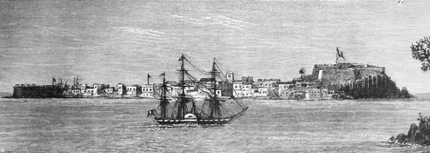 View of the Antlantic island Île de Gorée or Goree off Dakar with European fortress, centre of