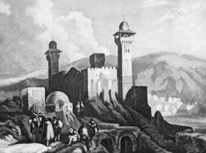 Hebron in Palestine with Abraham's tomb, mosque, domed building, people, mountain landscape, Old