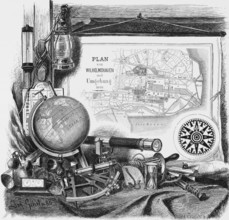 Wilhelmshaven, Lower Saxony, North Sea, symbol, emblem, city map, globe, oil lamp, telescope,