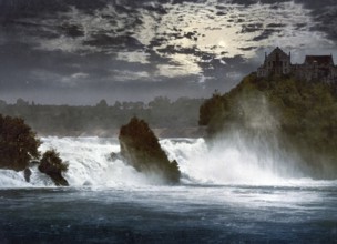 Rhine Falls at night, near Schaffhausen in Switzerland, Historical, digitally restored reproduction