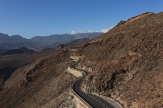 Drone shot, mountain road at the Degollade de las Yeguas viewpoint, Gran Canaria, Canary Islands,